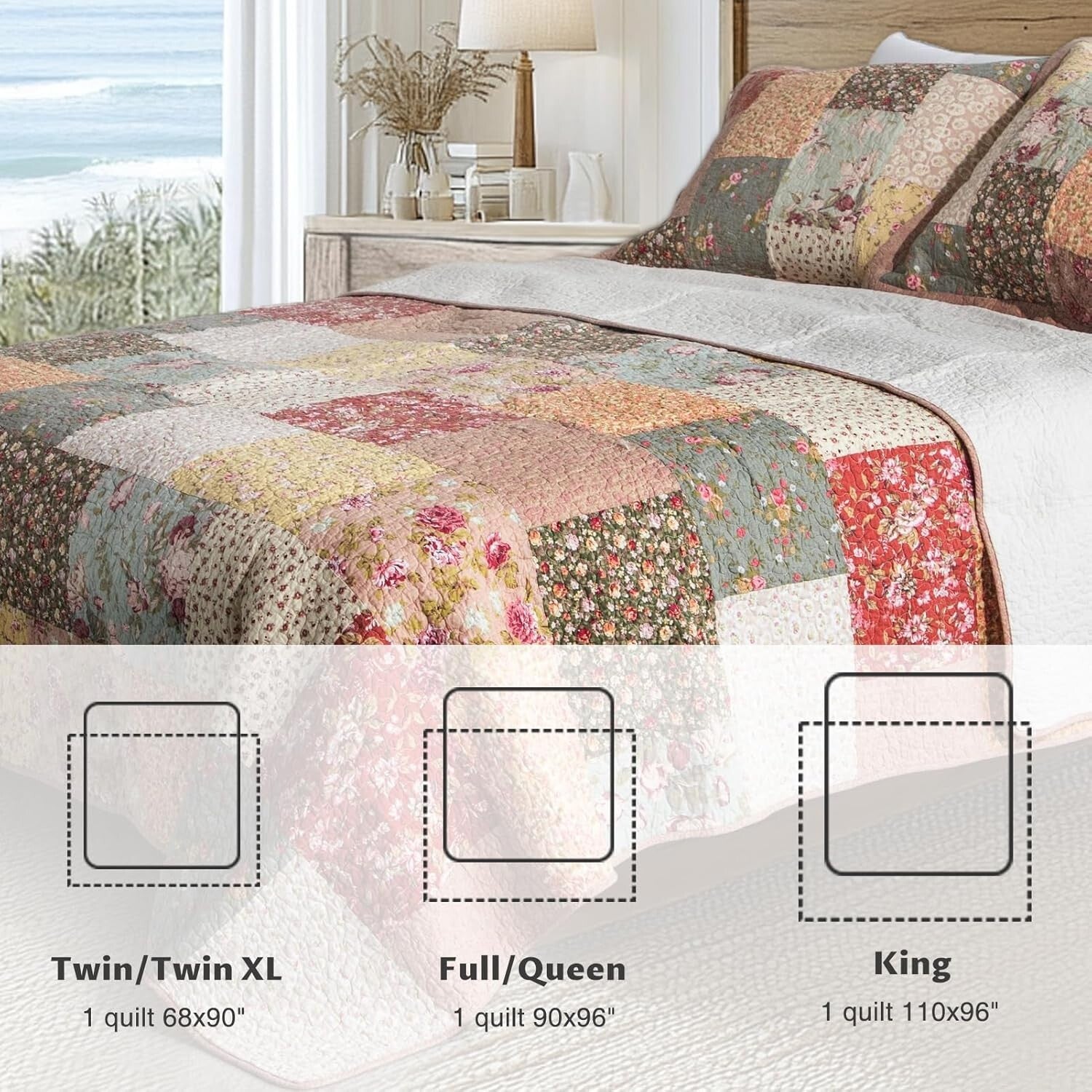 Machine Washable 100% Cotton King Quilt – Luxury Boho Floral Design 110x96"