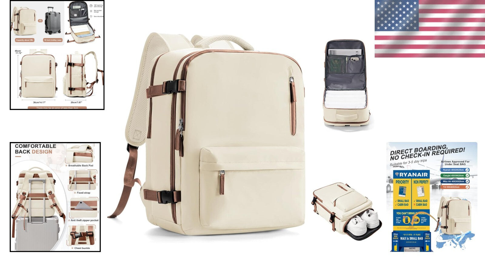 Multi-Functional 40L Backpack for Travel - Laptop Holder & Shoe Compartment