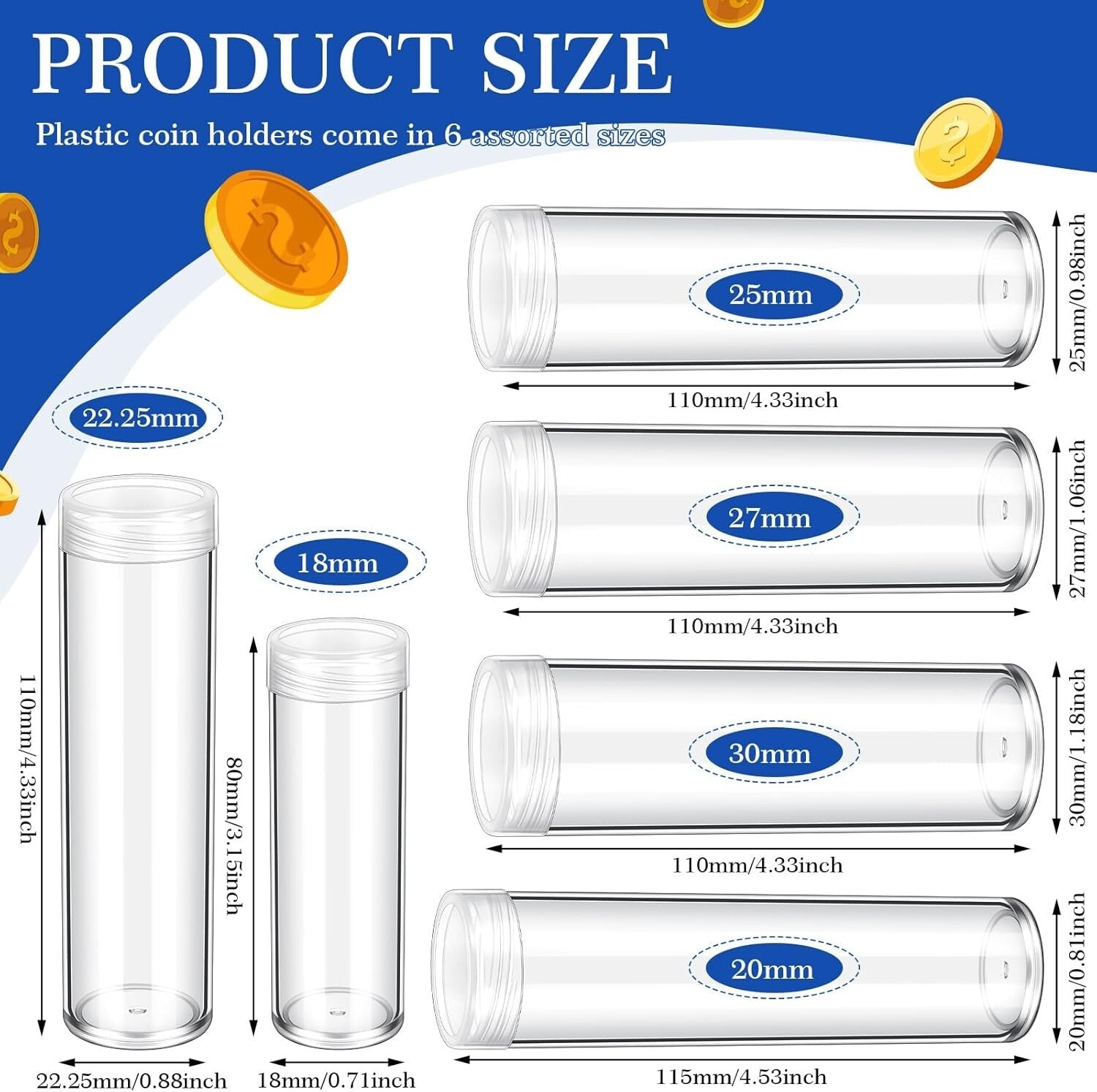 Clear Coin Holders - 60 Pcs Tubes in 6 Sizes, Perfect for Organizing Coins