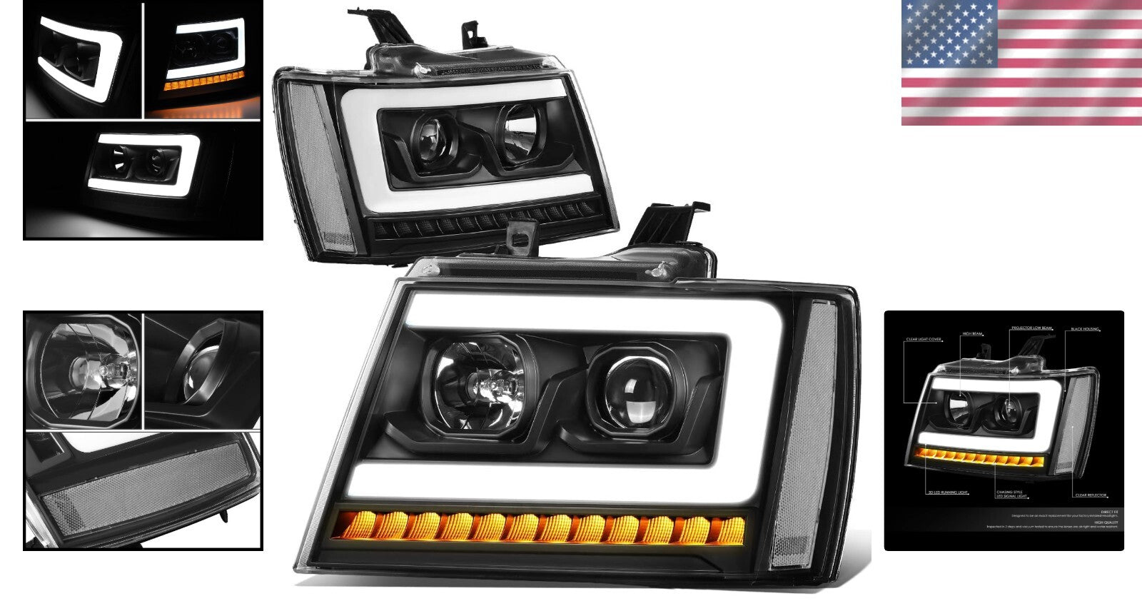 Clear Lens LED DRL Projector Headlights with Sequential Lights for Chevy SUVs