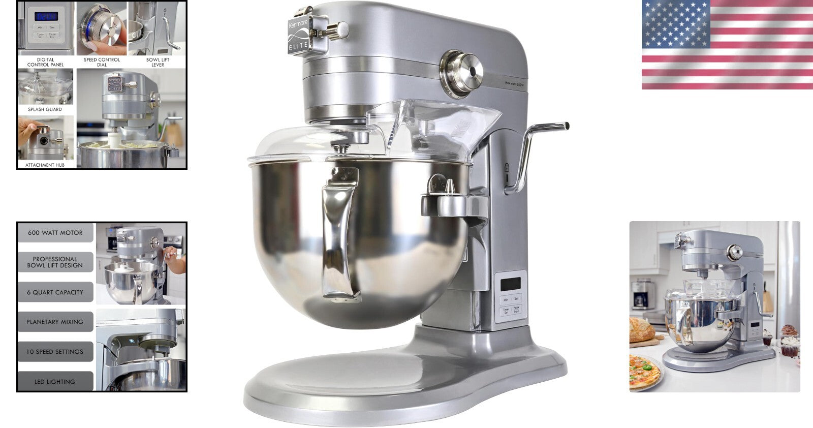 Elite 6 Qt Heavy-Duty Stand Mixer with 600W Power and LED Light - Metallic Grey