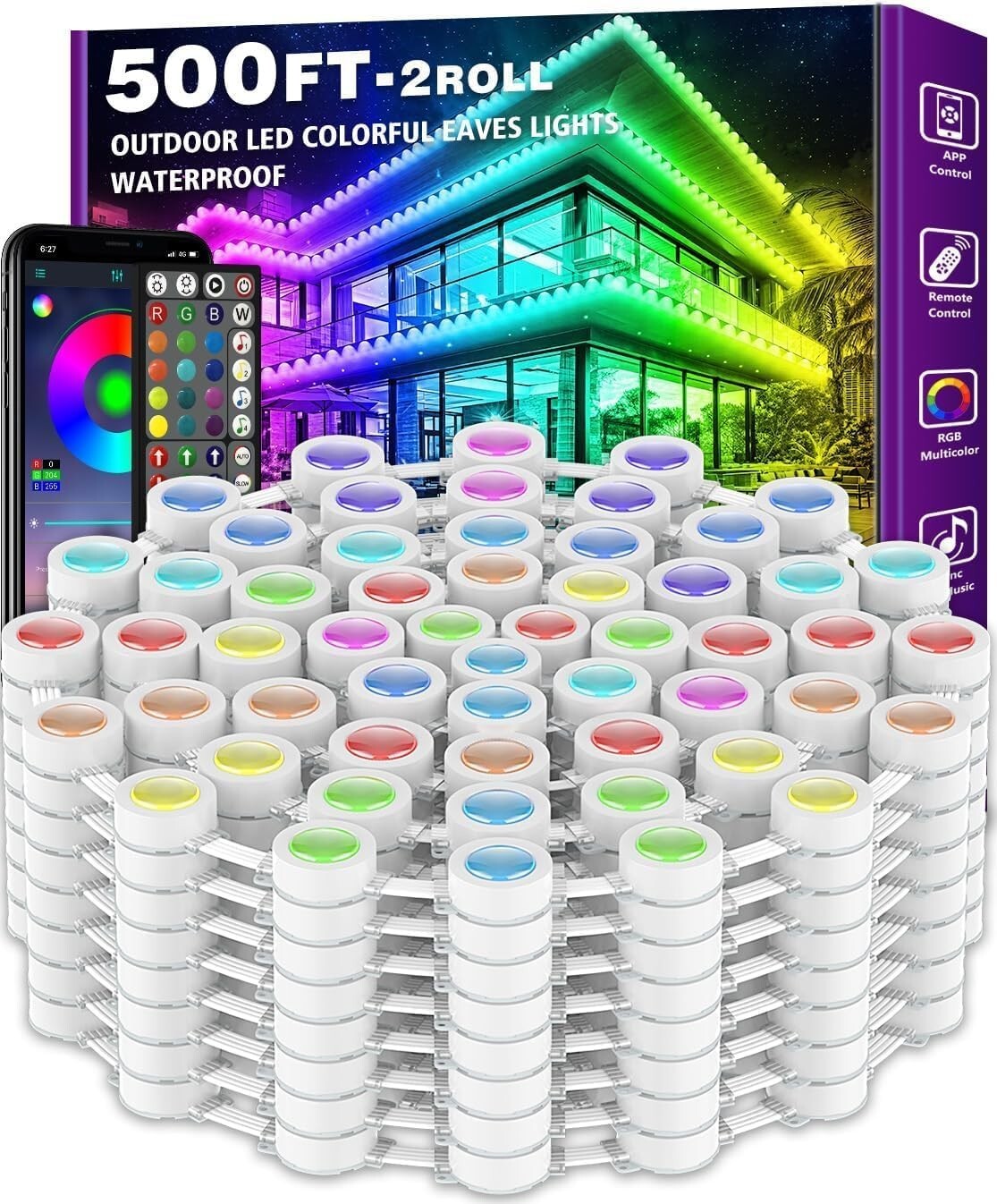 500FT Premium Outdoor RGB Lights with Bluetooth App & Music Sync - All Seasons