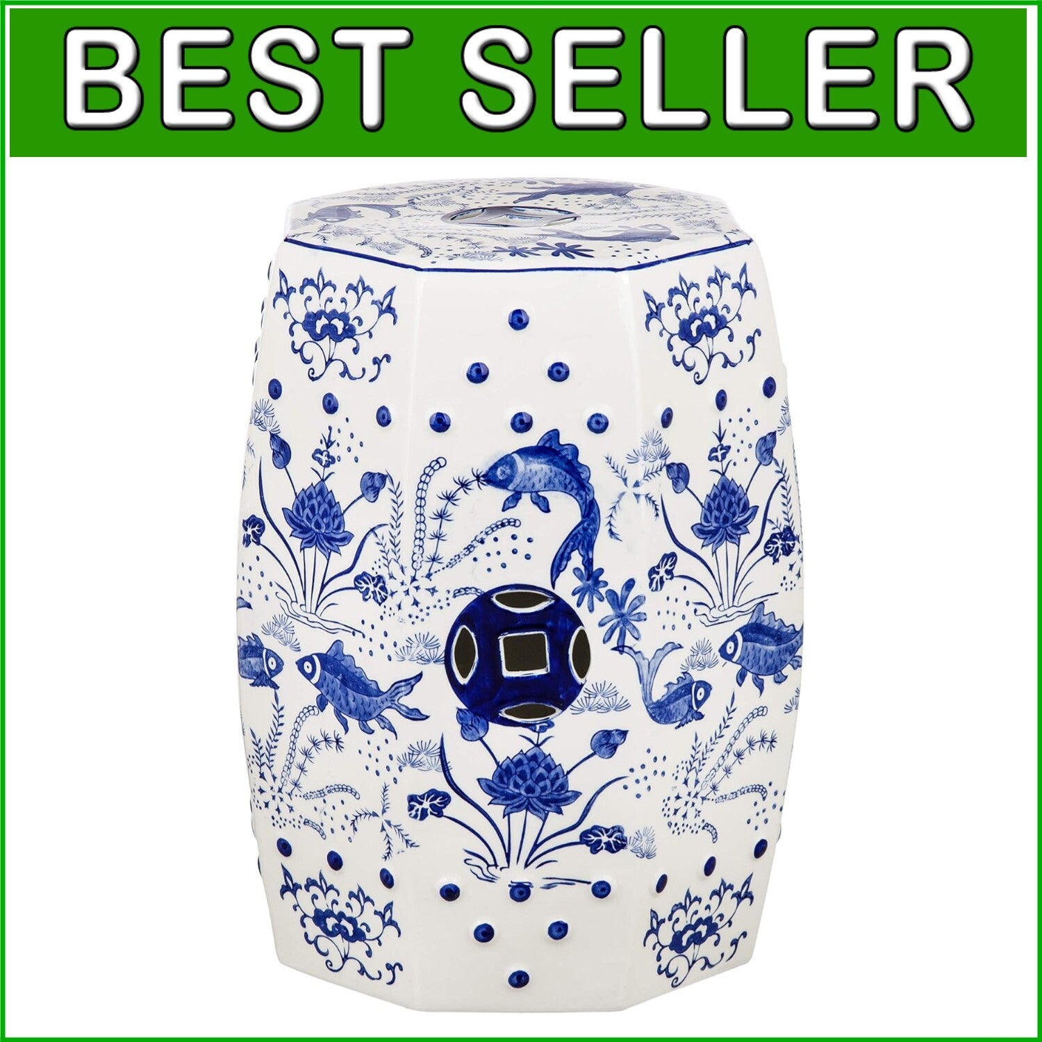 Chinoiserie Pattern Garden Stool - Stylish Blue Seating, Lightweight and Durable