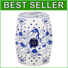 Load image into Gallery viewer, Chinoiserie Pattern Garden Stool - Stylish Blue Seating, Lightweight and Durable