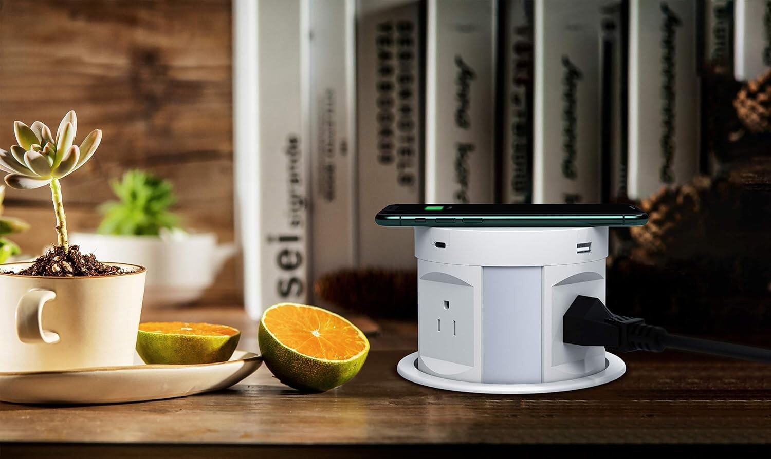 Automatic Pop-Up Outlet with 4 AC & USB Ports - Wireless Charging Convenience