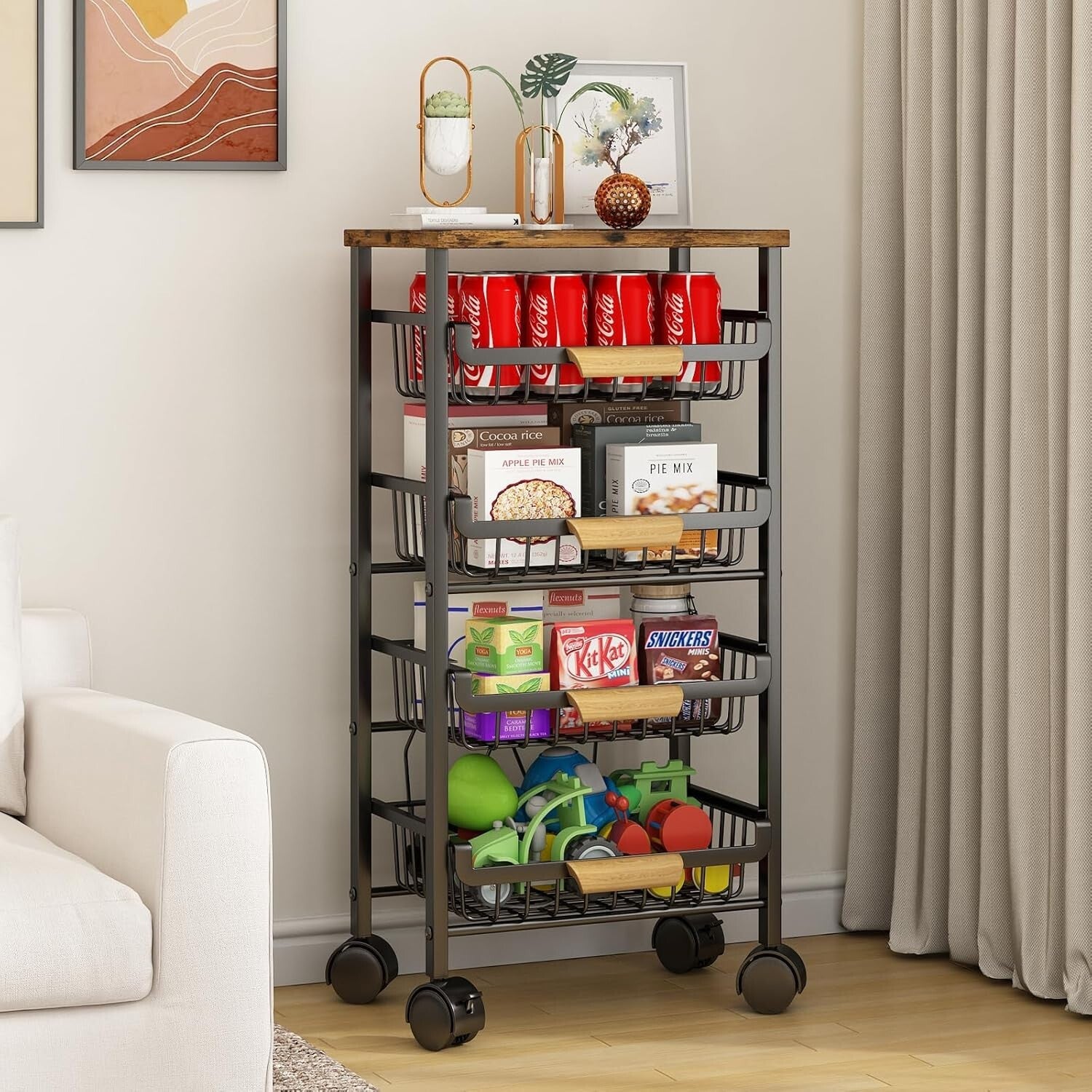 Rolling Vegetable Storage Cart with Wooden Top - 4 Tier Organization for Kitchen