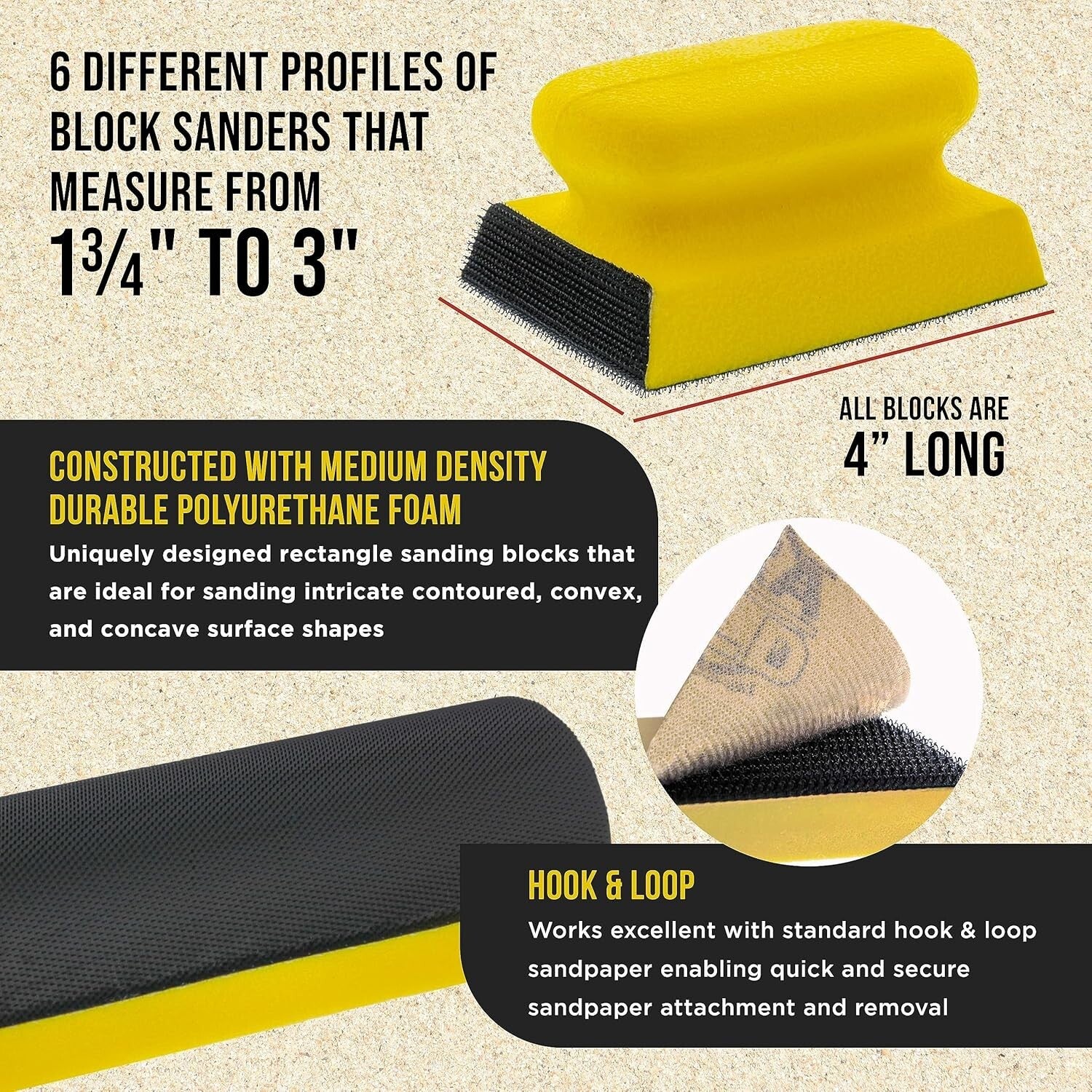 10-Piece Sanding Block Set with 40 Hook & Loop Sandpaper for Woodworking