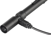 Load image into Gallery viewer, Portable 350-Lumen Black Penlight with USB Recharge and Holster for Outdoor Use