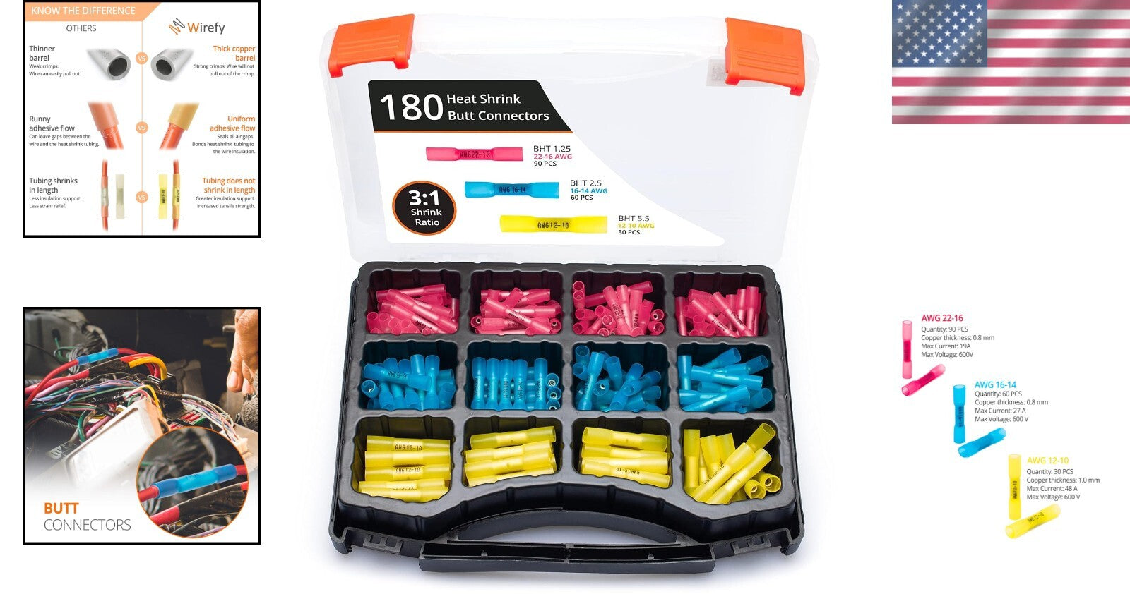 180 PCS Assorted Heat Shrink Wire Splice Connectors - Marine and Automotive Use