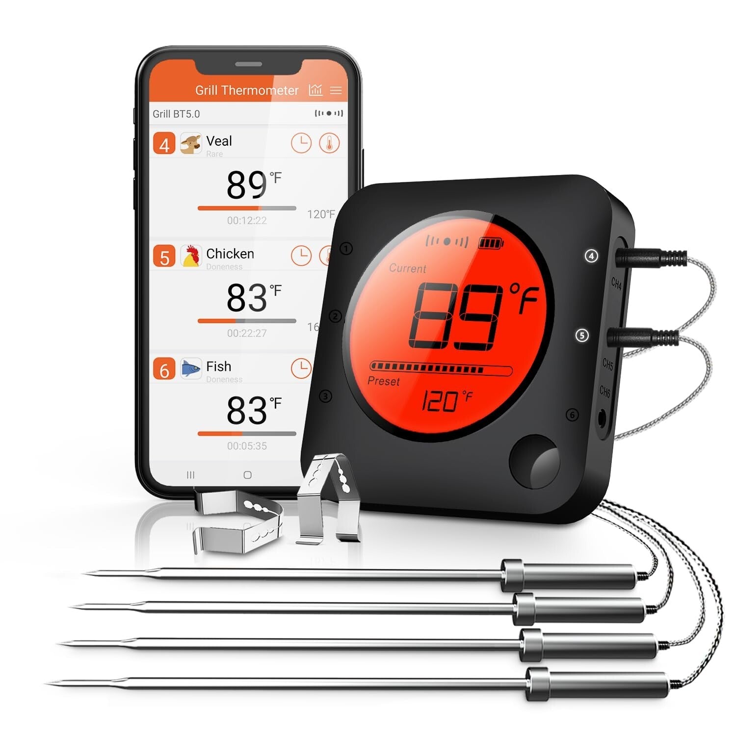 Professional Bluetooth Thermometer for Grilling with 4 Stainless Probes & Alarms