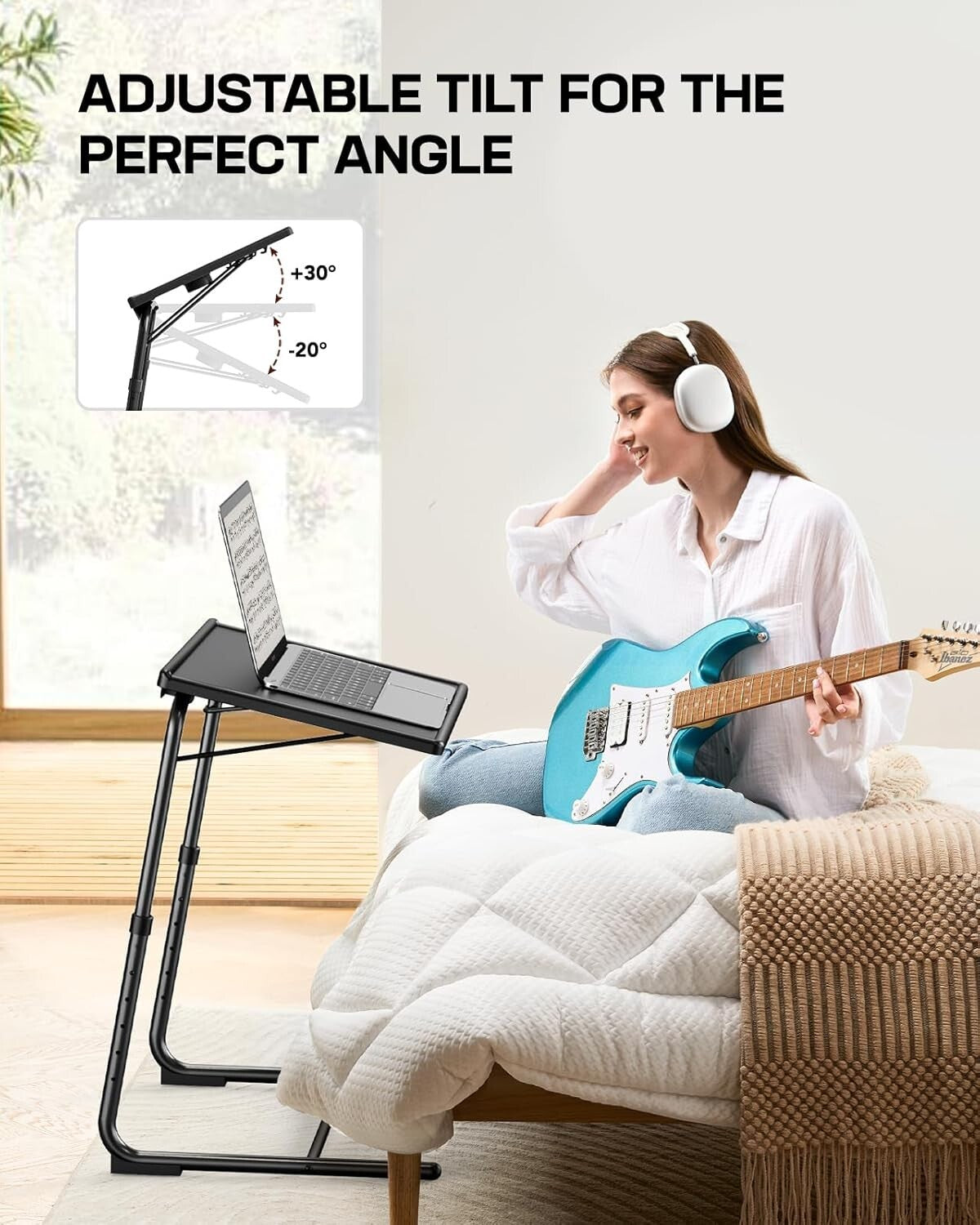 Versatile Folding TV Tray with 6 Heights & 3 Tilt Angles – Modern Black Design