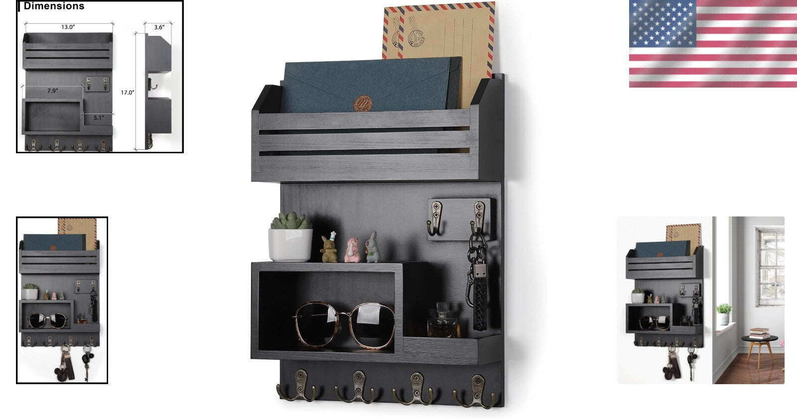 Versatile Wall-Mounted Key and Mail Organizer with Double Hooks - Rustic Charm