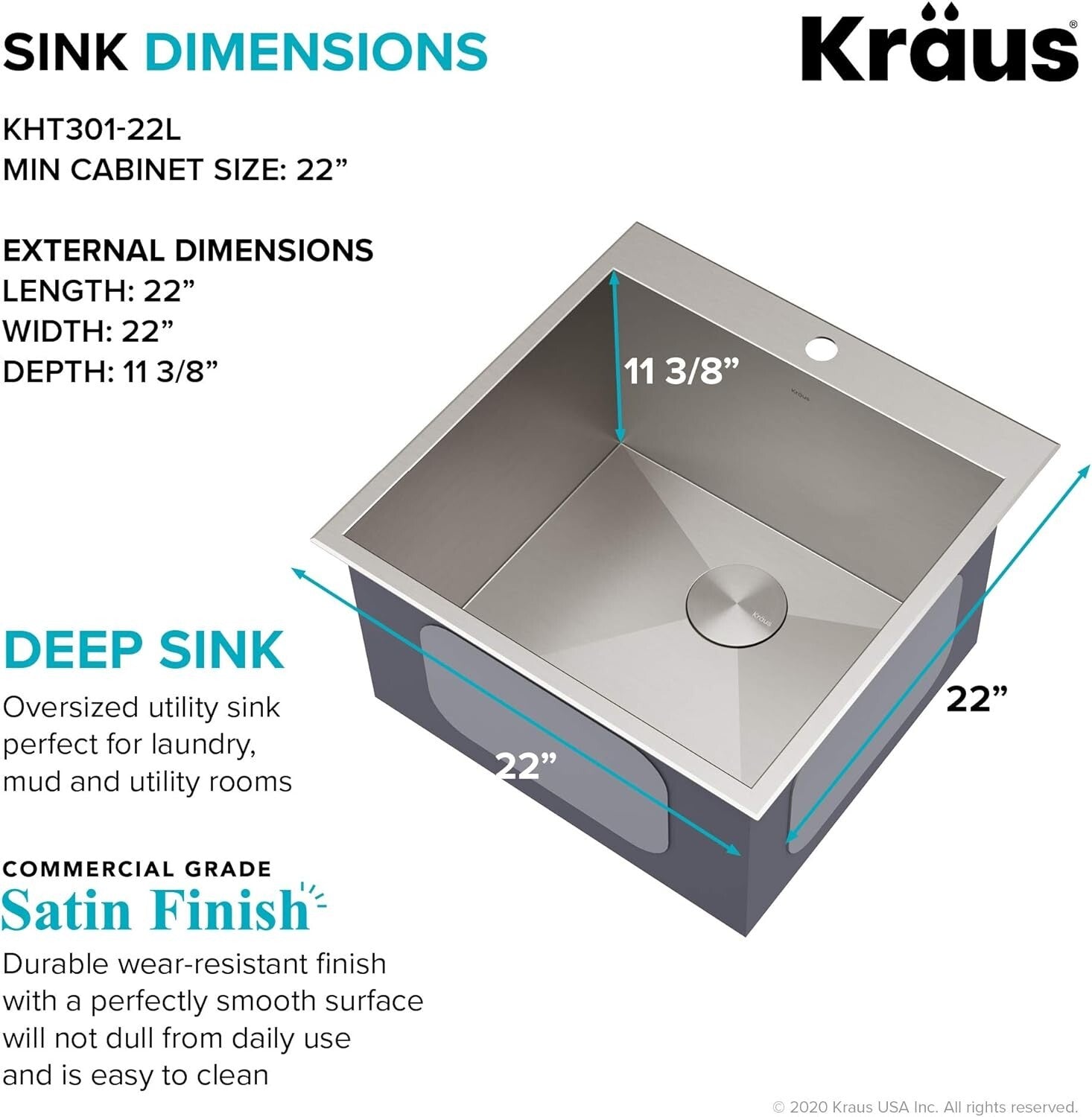 Durable 22-Inch Stainless Steel Laundry Sink with Premium Bottom Grid Included