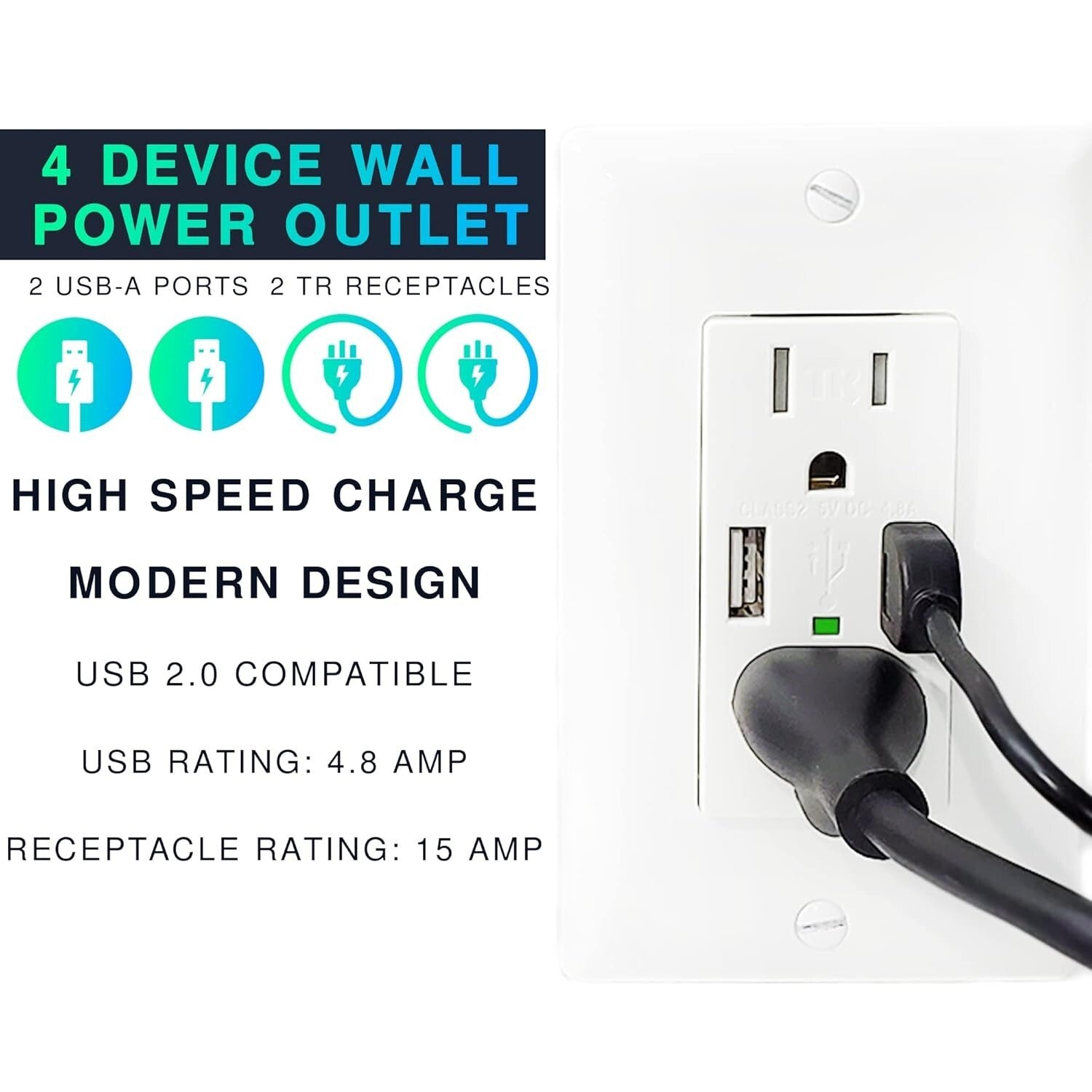 White USB Wall Outlet with 4.8A Power - Screwless Installation, Safe & Stylish