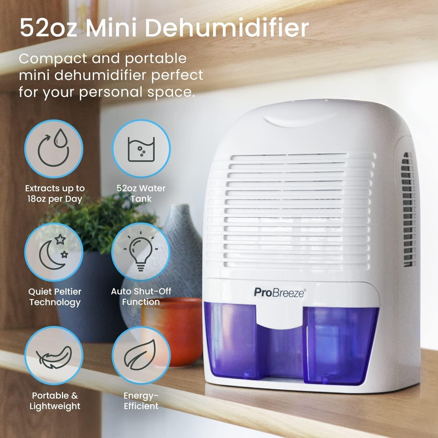 Energy-Efficient Portable Dehumidifier with Auto Shut-off – 52 Oz Tank Capacity