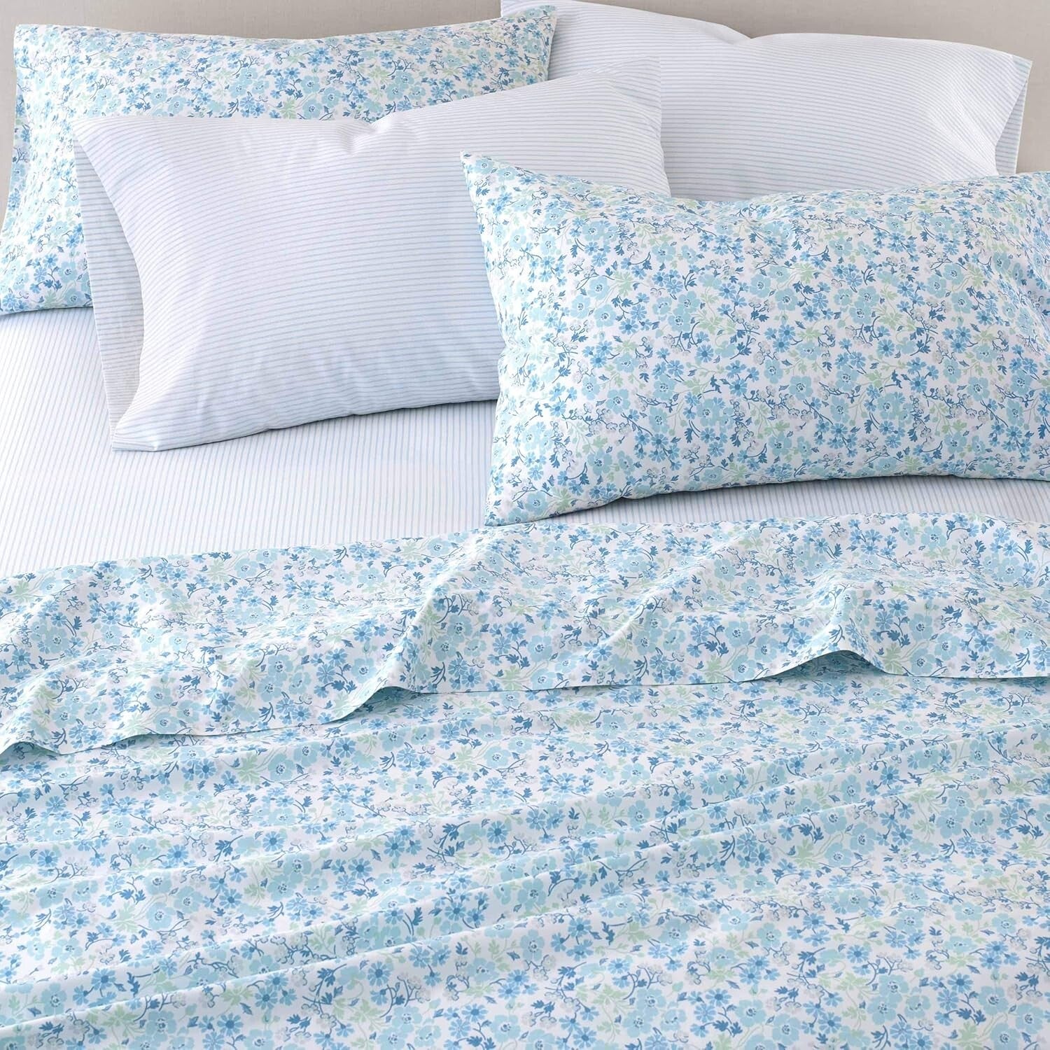 Chic 6-Piece Cotton Percale Set with Elegant Floral & Stripe Patterns - Queen