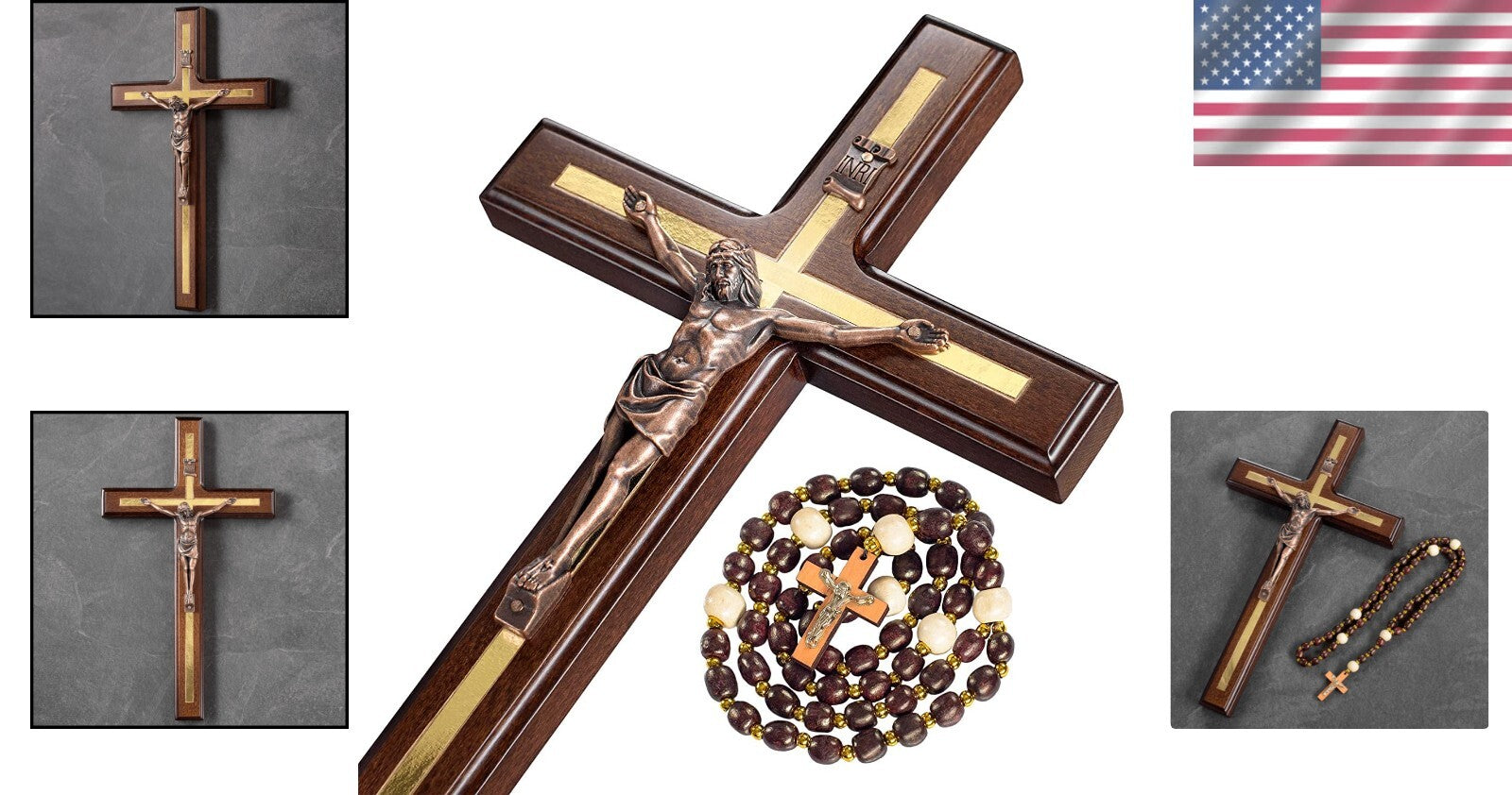 12-Inch Elegant Crucifix Wall Cross - Solid Hardwood with Copper Jesus & Rosary