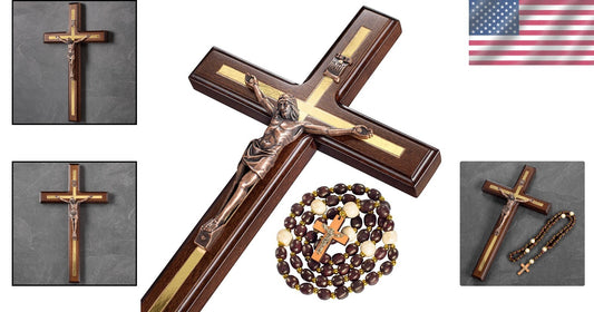 12-Inch Elegant Crucifix Wall Cross - Solid Hardwood with Copper Jesus & Rosary