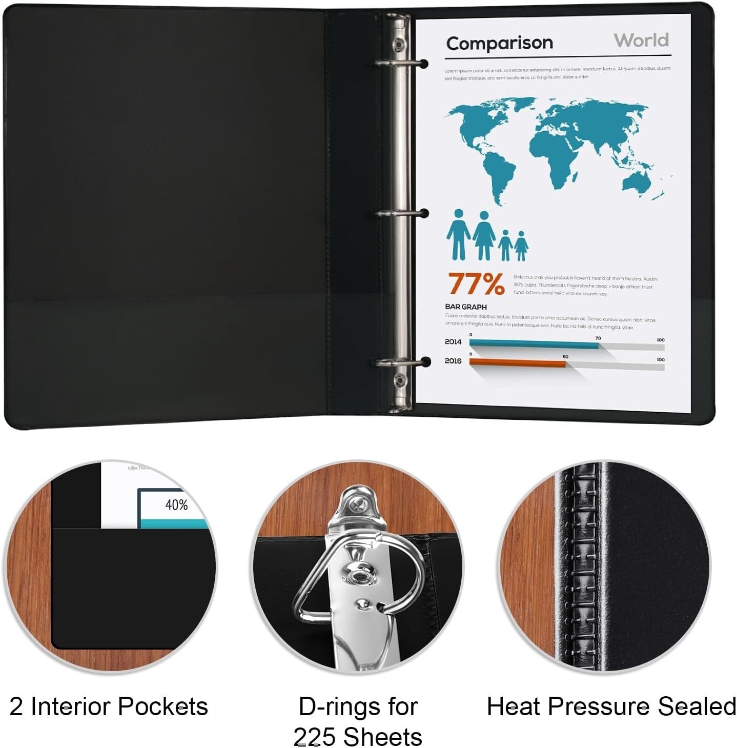 12 Pack D-Ring Black Binders - 1 Inch, Holds 225 Sheets, Multipocket Design