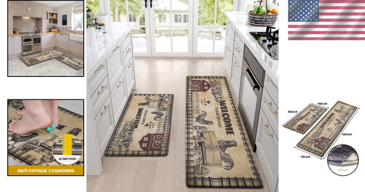 Vintage Rooster Kitchen Mats Set: Waterproof, Non-Slip Anti-Fatigue Runner