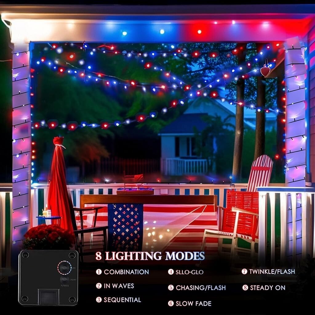 4-Pack Solar LED String Lights 132FT in Red, White & Blue for Independence Day
