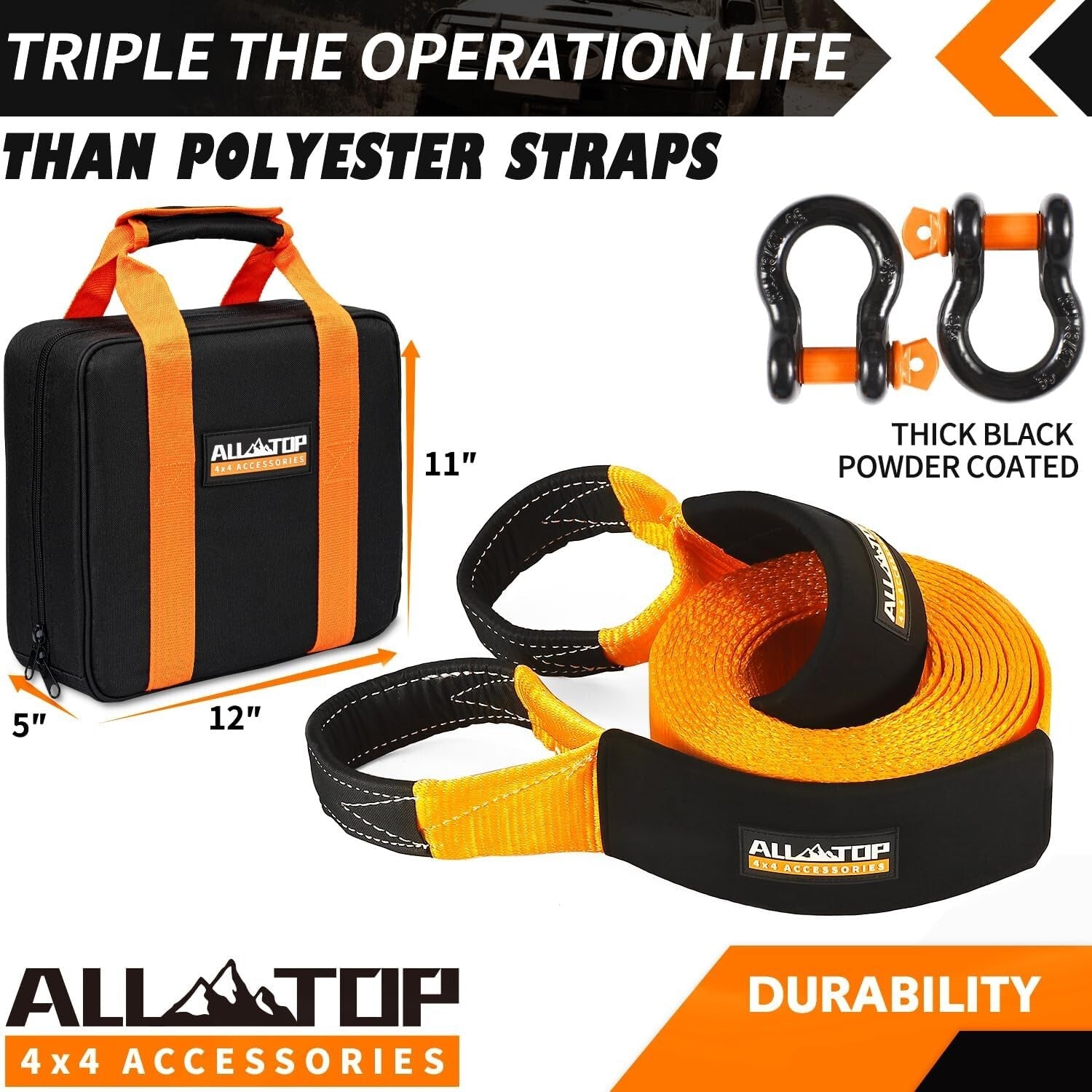 Weather-Resistant 4" x 30' Tow Strap Kit with 22% Elongation for Safe Recovery