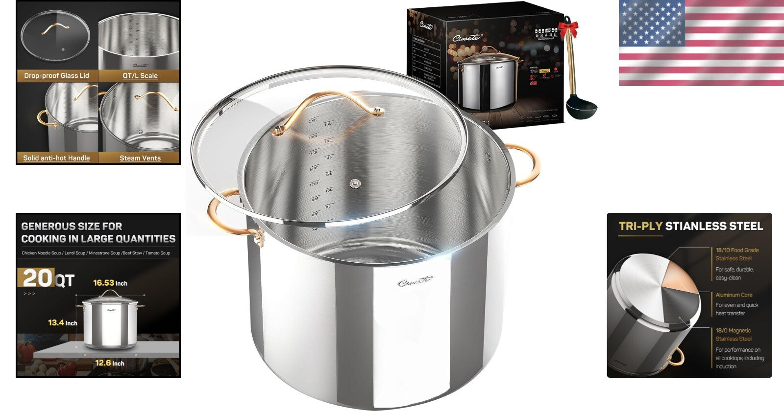 Health-Conscious 20 Qt Stock Pot - Induction Ready with Dishwasher Safe Lid