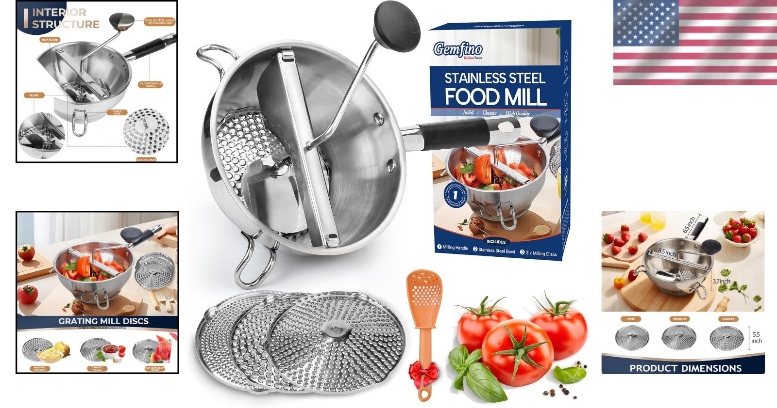 Durable Stainless Steel Food Mill with Three Milling Discs & Non-Slip Design