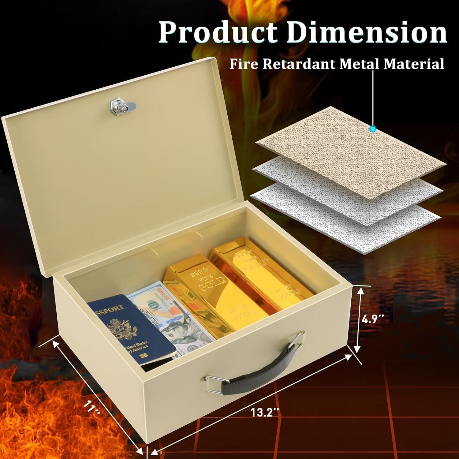 Fire Resistant Portable Lock Box - 0.3 Cubic Feet Safe for Documents & Valuables