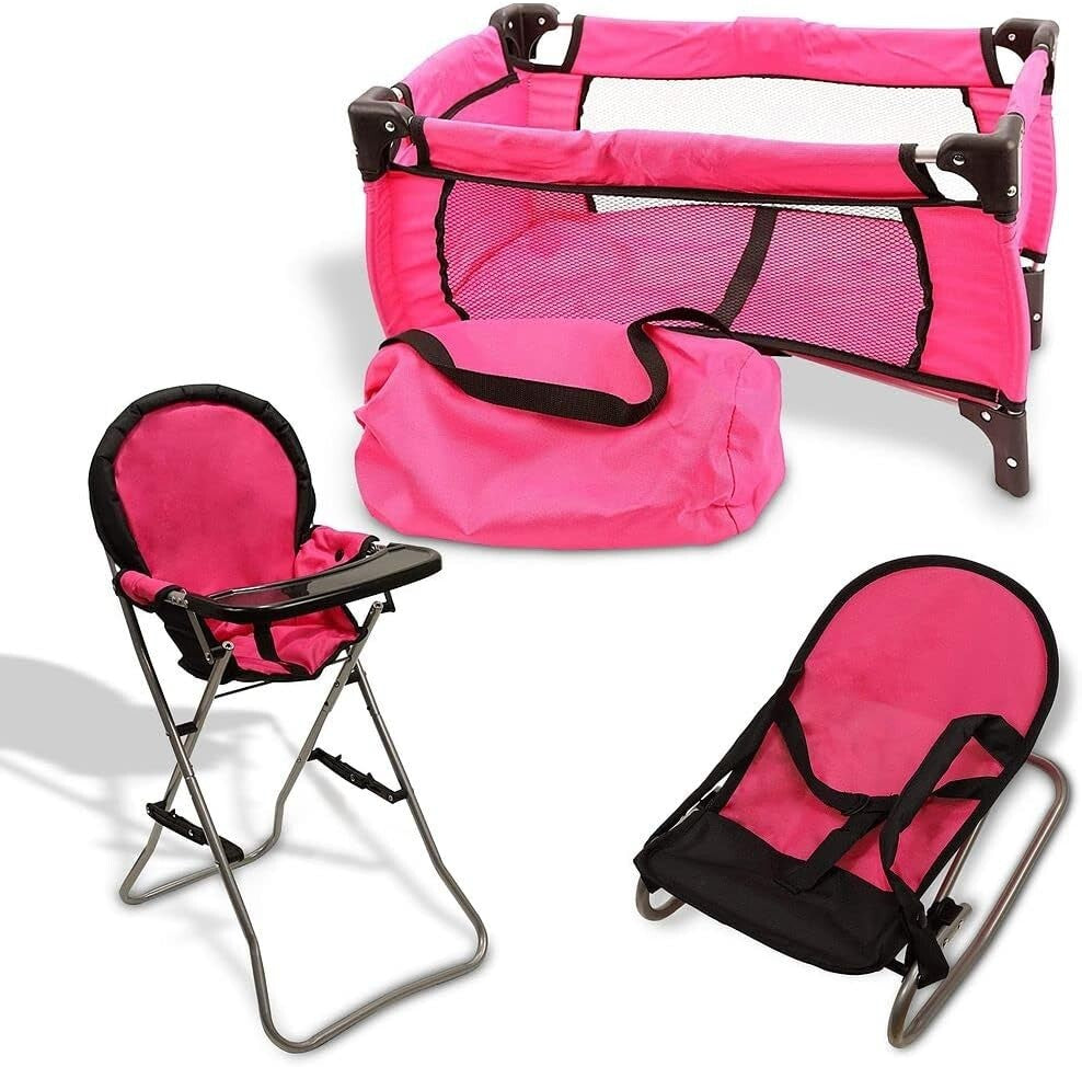 3-in-1 Pink Baby Doll Accessories Set - Crib, Bouncer & High Chair for 18" Dolls