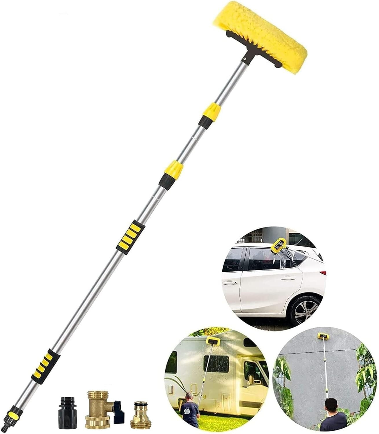 Aluminum Telescopic Car Wash Brush with Soft Bristles & Hose Connector - 5-12 Ft