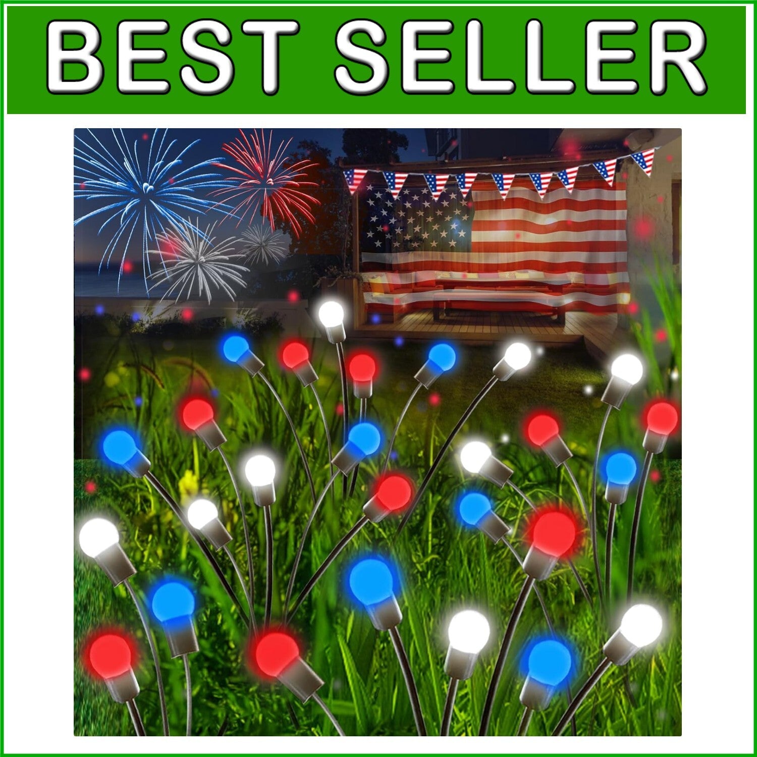 4th of July Solar Lights Outdoor - Waterproof 36 LED Red White Blue Illumination