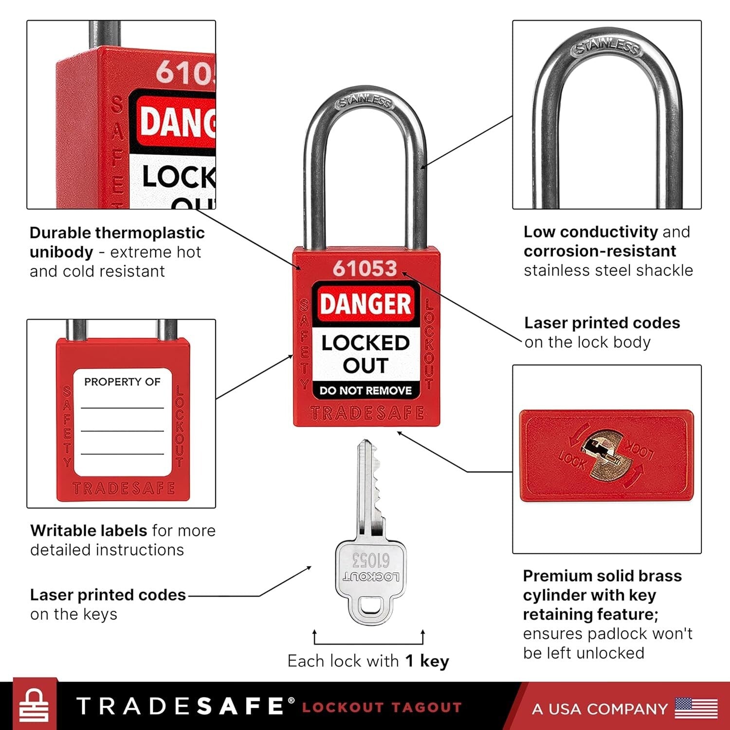 Durable 10-Piece Red Lockout Padlock Set - Keyed Different & Corrosion Resistant