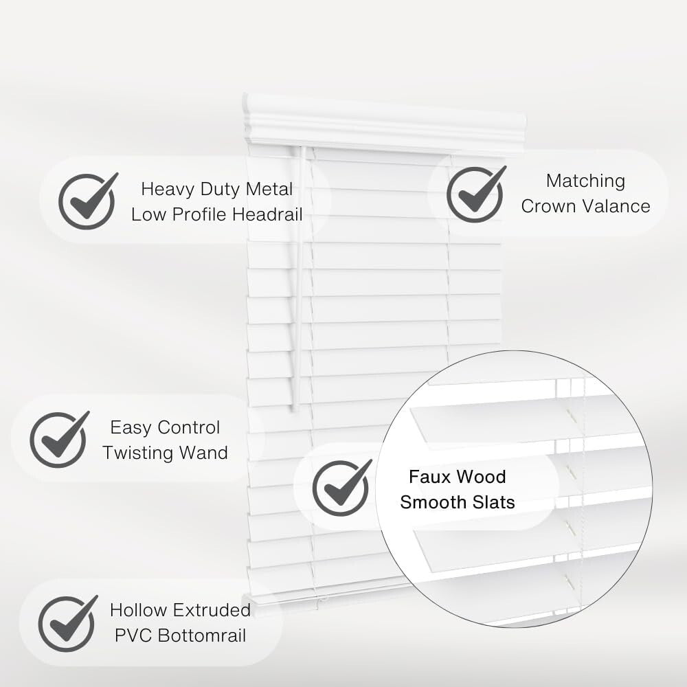 Bright White Cordless Faux Wood Blinds - 2-Inch, 16.5" x 36", Effortless Control