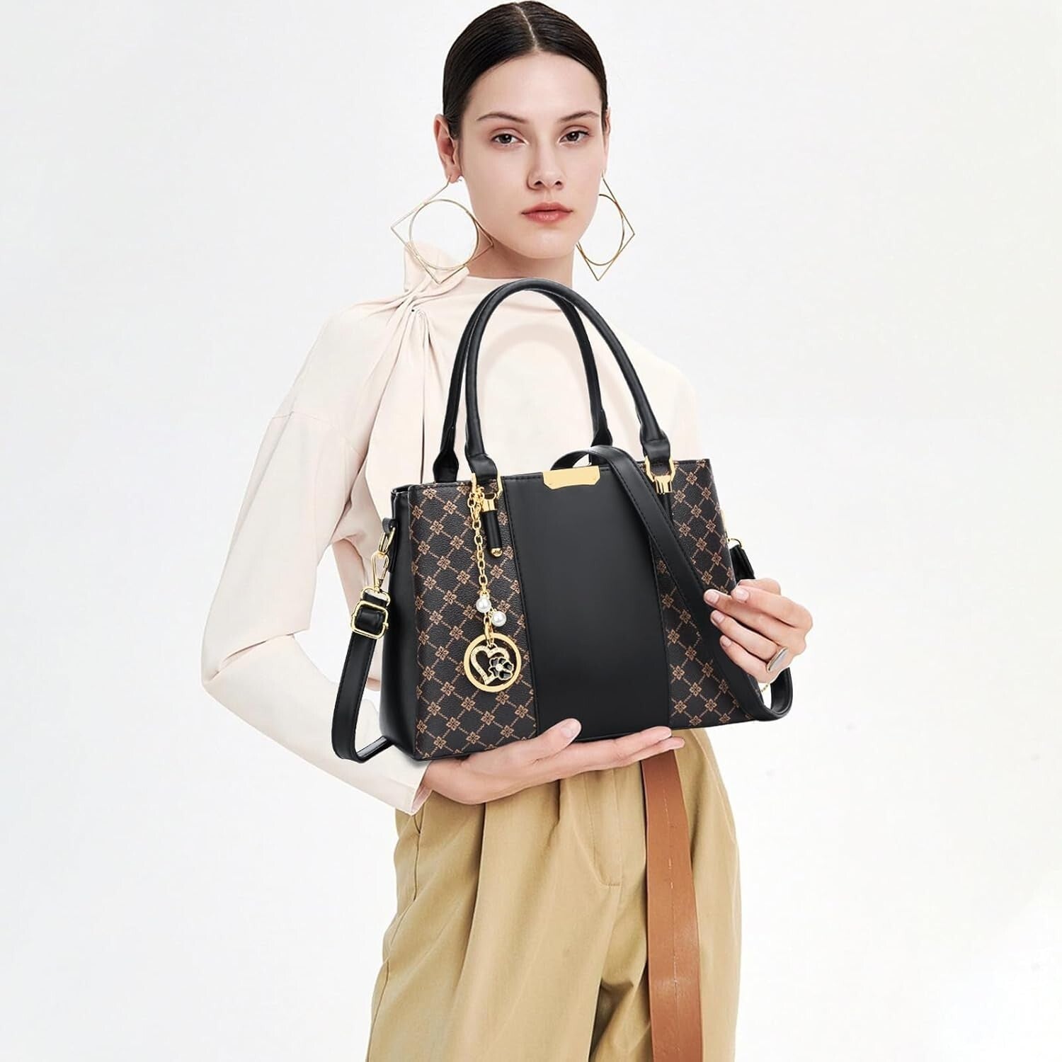 Elegant Floral Vegan Leather Handbag with 3 Zippered Compartments for Women