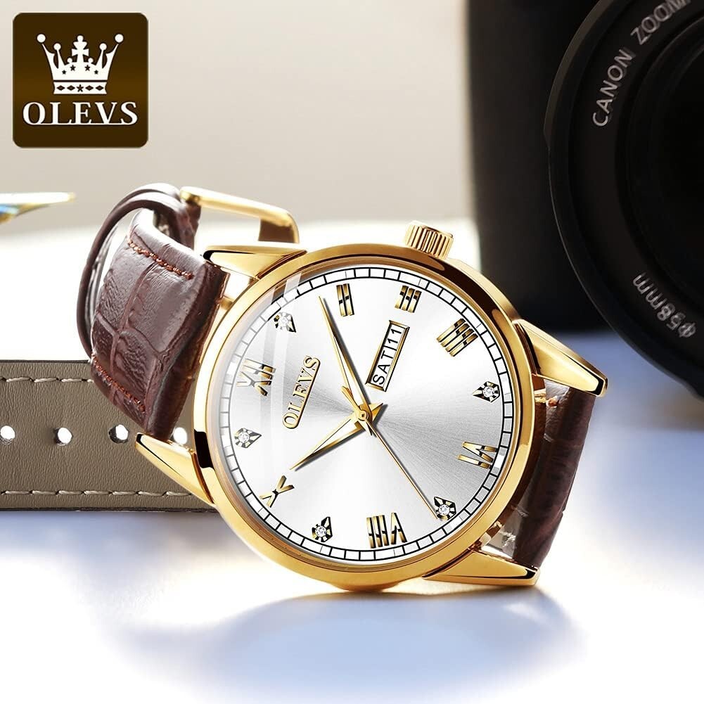 Elegant 39mm Brown Leather Dress Watch with Gold Case & Waterproof Feature
