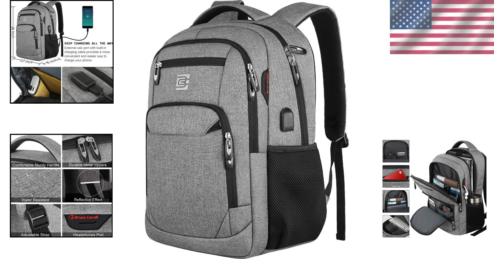 17-Inch Anti-Theft Laptop Backpack with USB Charging & Water Resistance in Grey