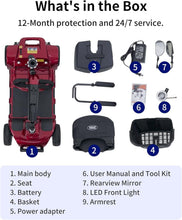 Load image into Gallery viewer, Ruby Red Electric Mobility Scooter - Foldable, Adjustable &amp; Safe for Easy Travel