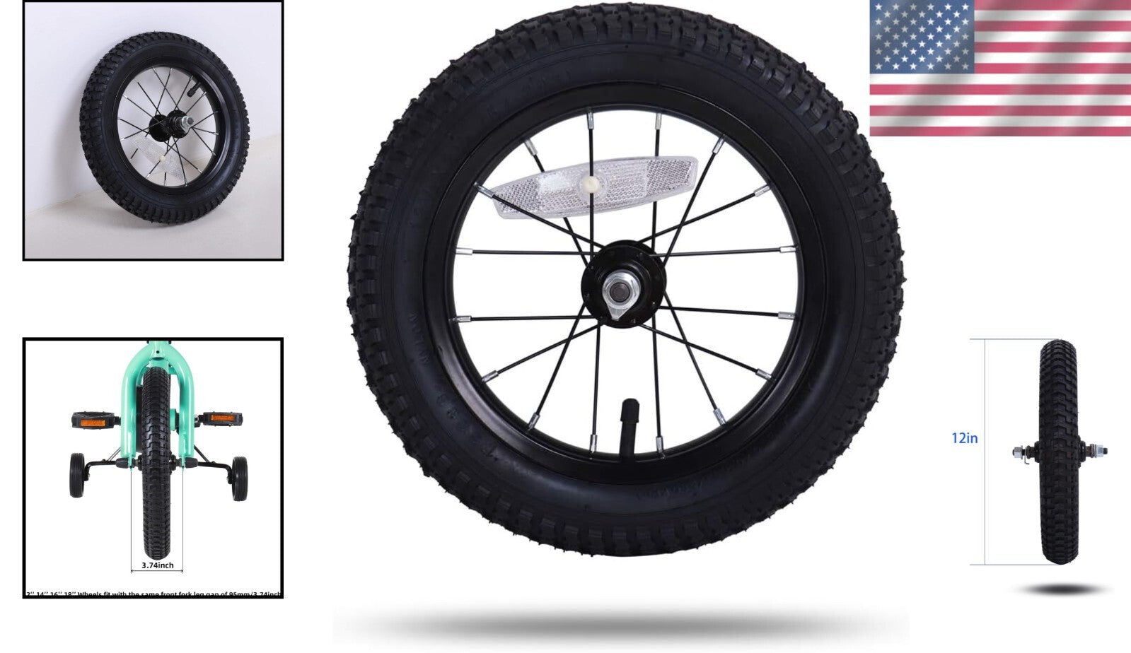 Durable 12 Inch Front Bicycle Wheel for Kids with Black Rubber Tire & Tube