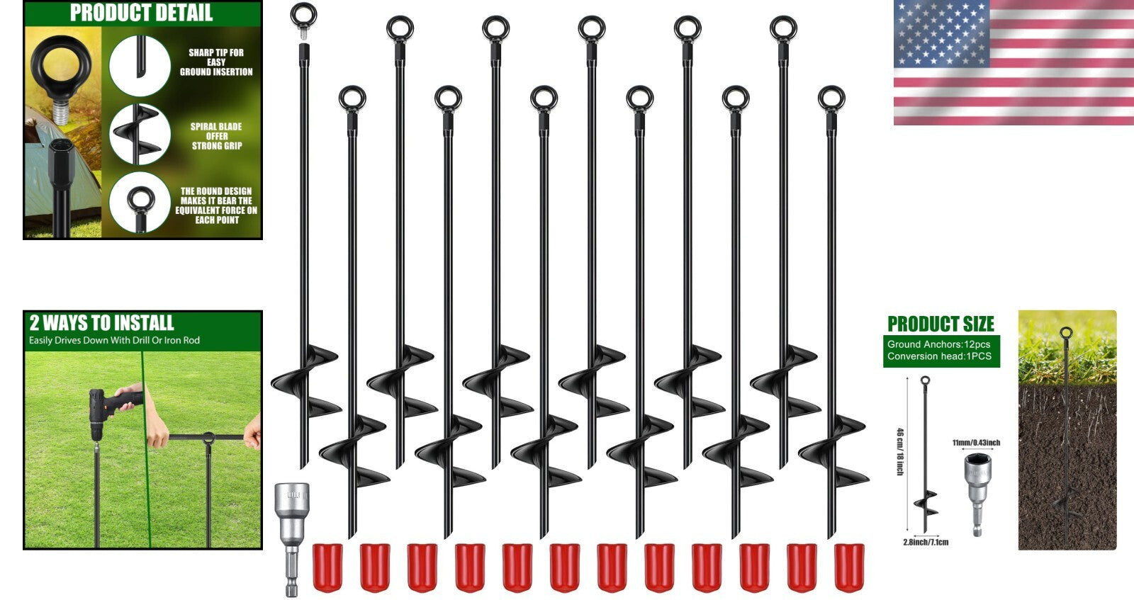 12 Heavy-Duty Black Ground Anchors - 18 Inch Earth Anchors for Outdoor Security