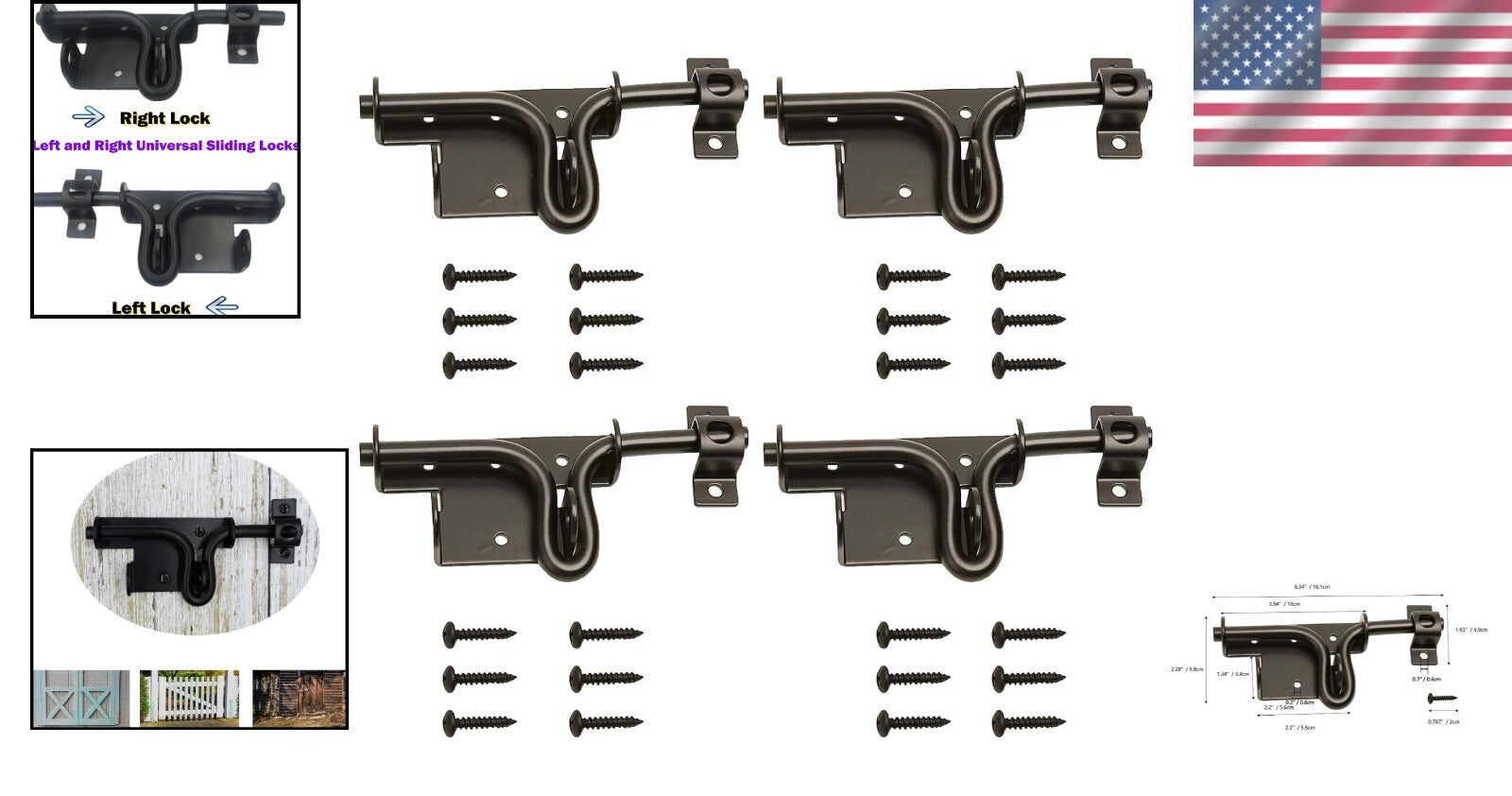 Sturdy 4pcs Metal Gate Latch Kit with Padlock Hole - Ideal for Fences and Gates