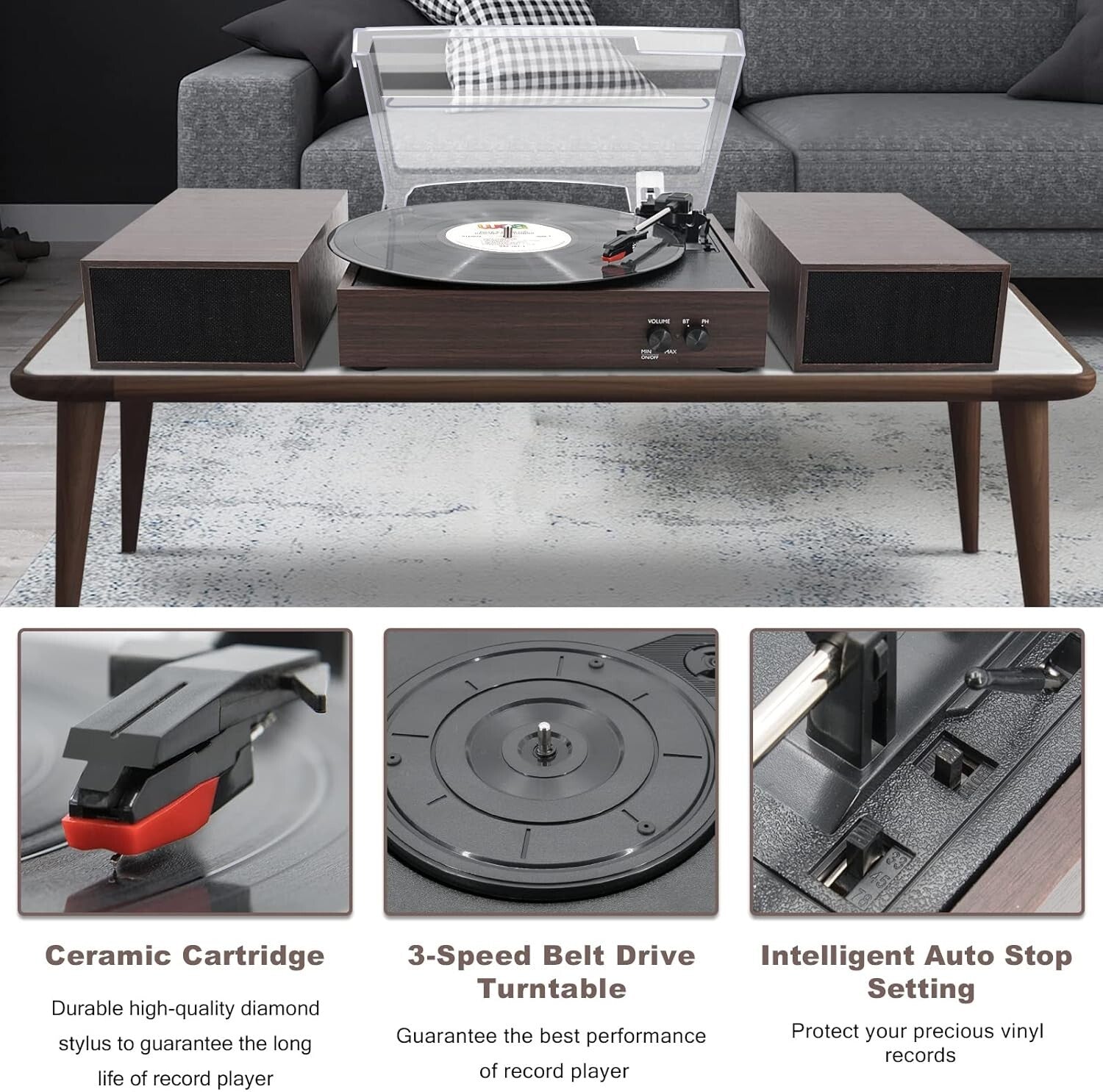 Elegant Wireless Vinyl Turntable with Auto-Stop & Stylish Speakers - Wood Finish