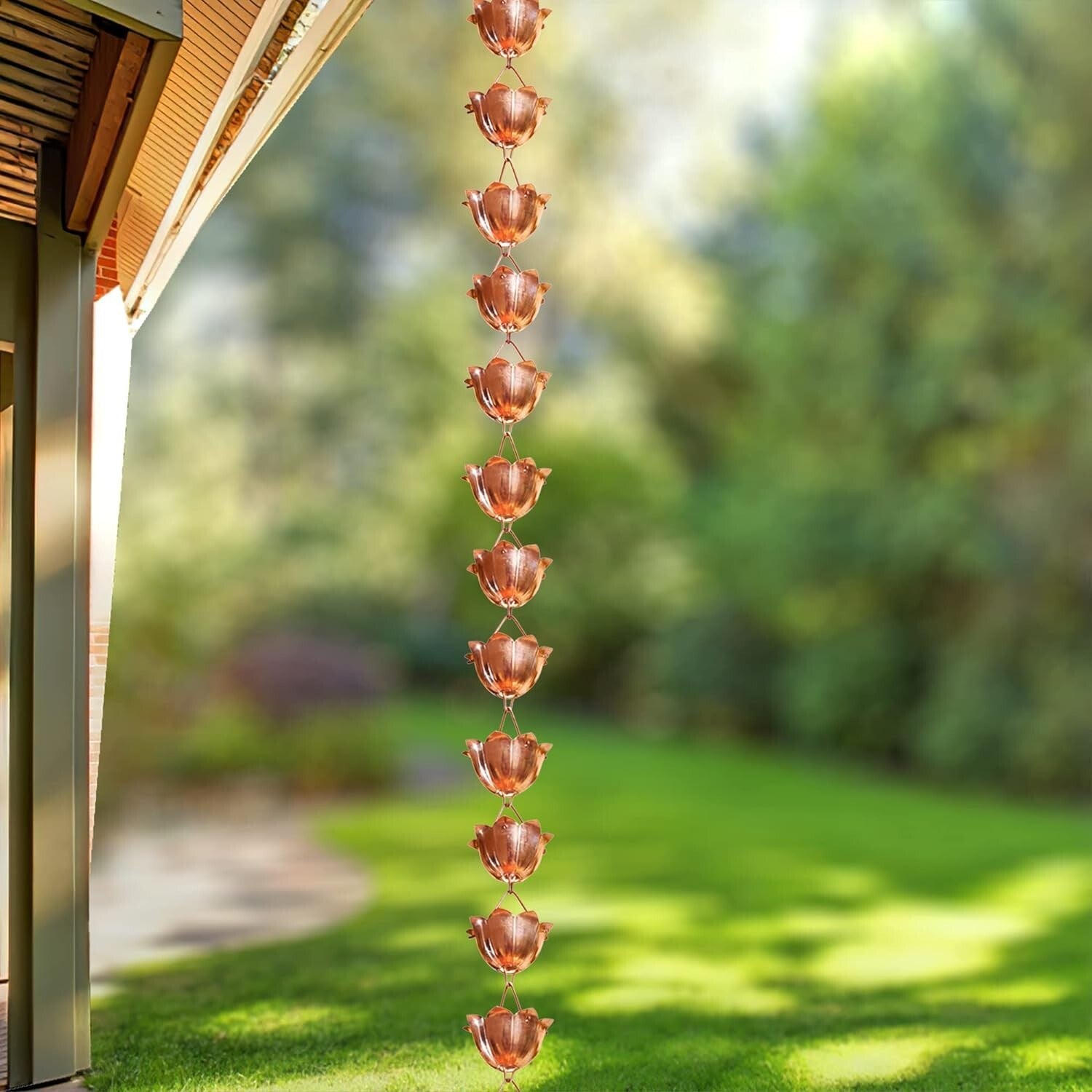 Durable 8.5 Ft Copper Rain Chain with Elegant Lotus Cups - Eco-Friendly Solution