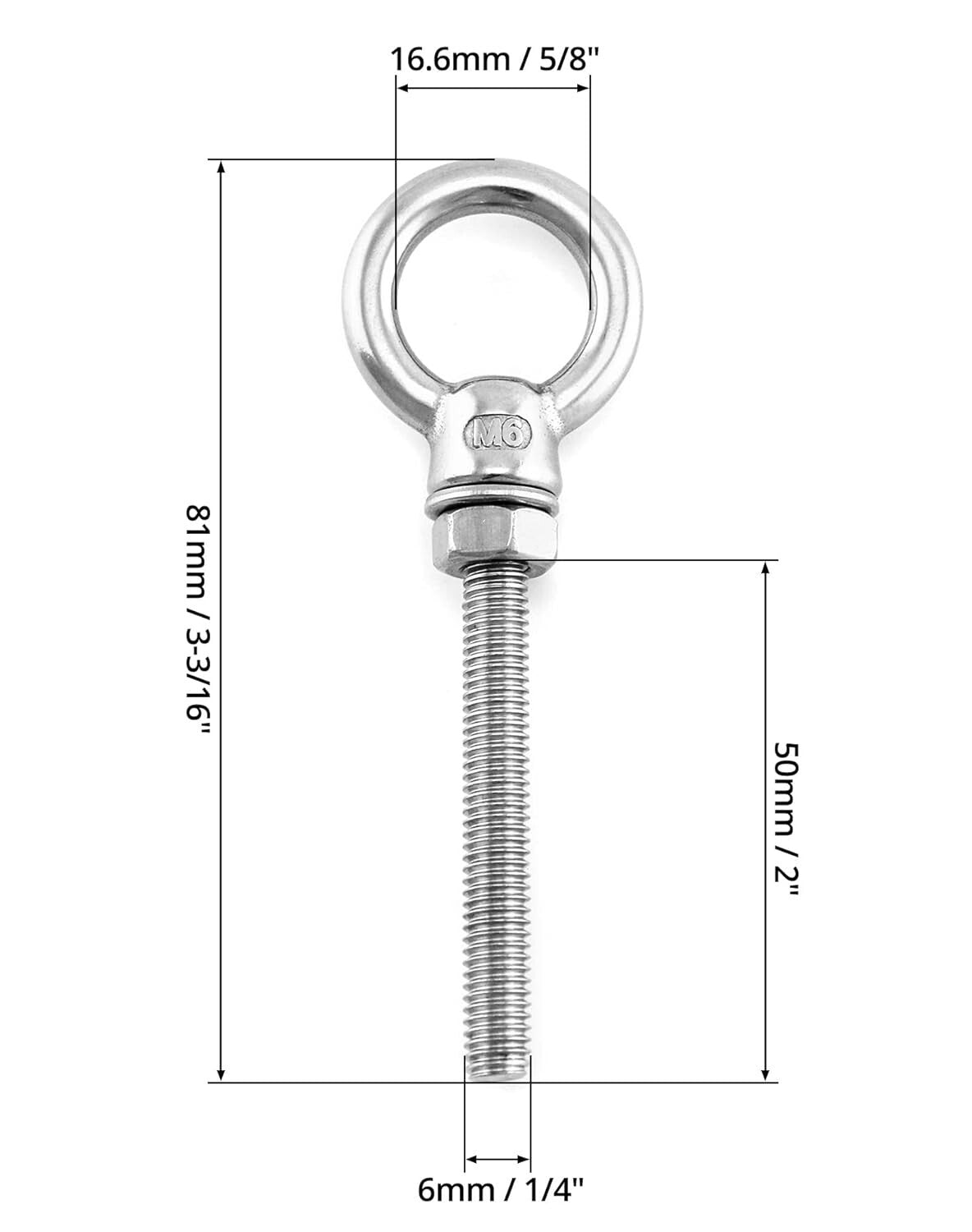 Stainless Steel Eyebolts - 50 Pack, 1/4" x 2" Long for Various Applications