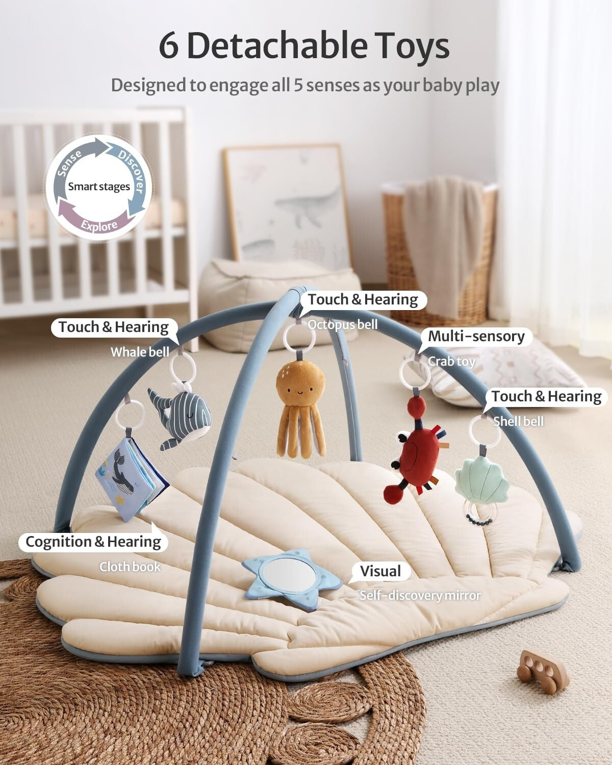 Boho Ocean-Themed Baby Play Gym Mat with 6 Sensory Toys for Early Development