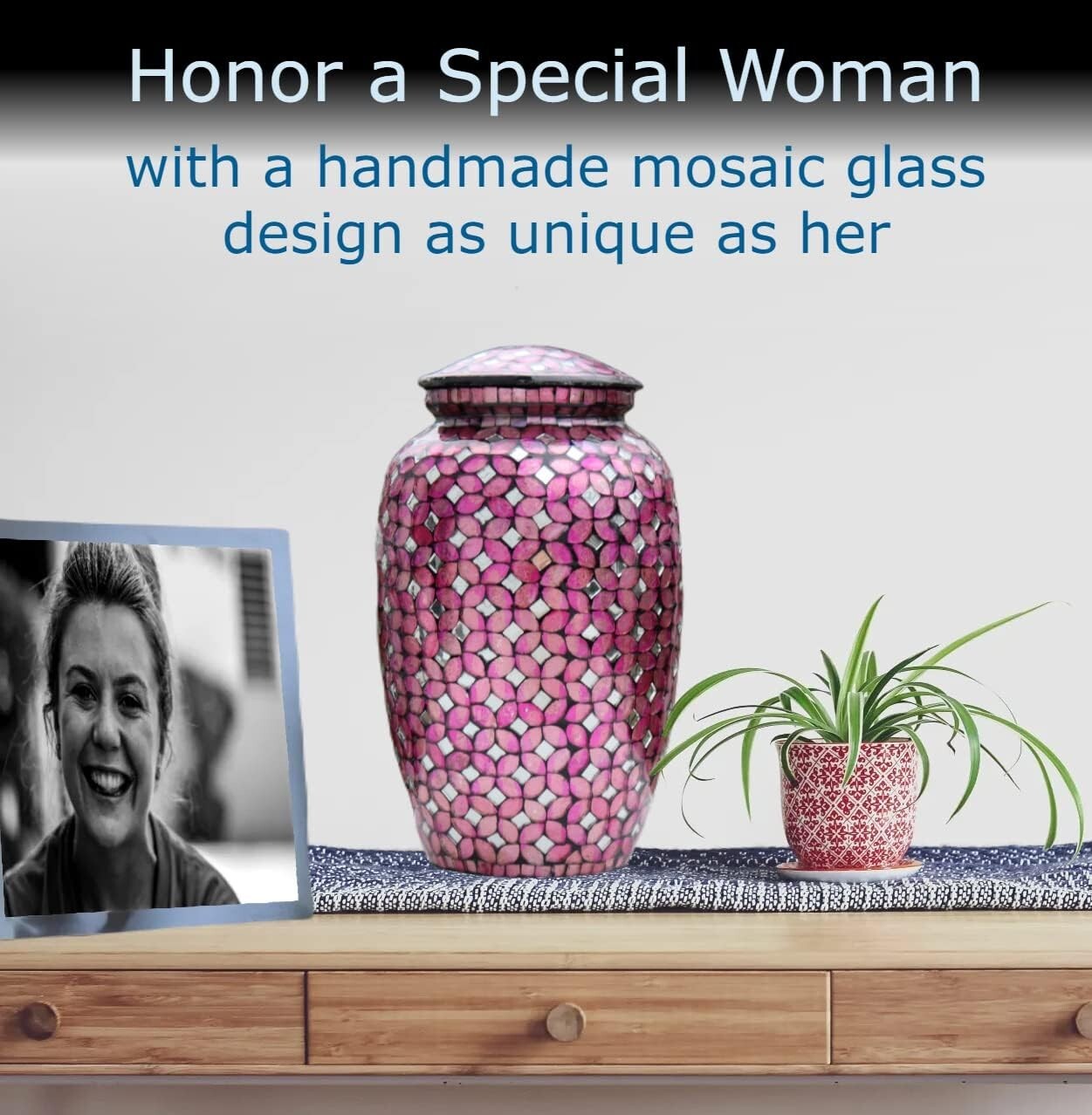 Elegant 200 Cu In Deep Pink Mosaic Glass Urn - Handcrafted Memorial for Ashes