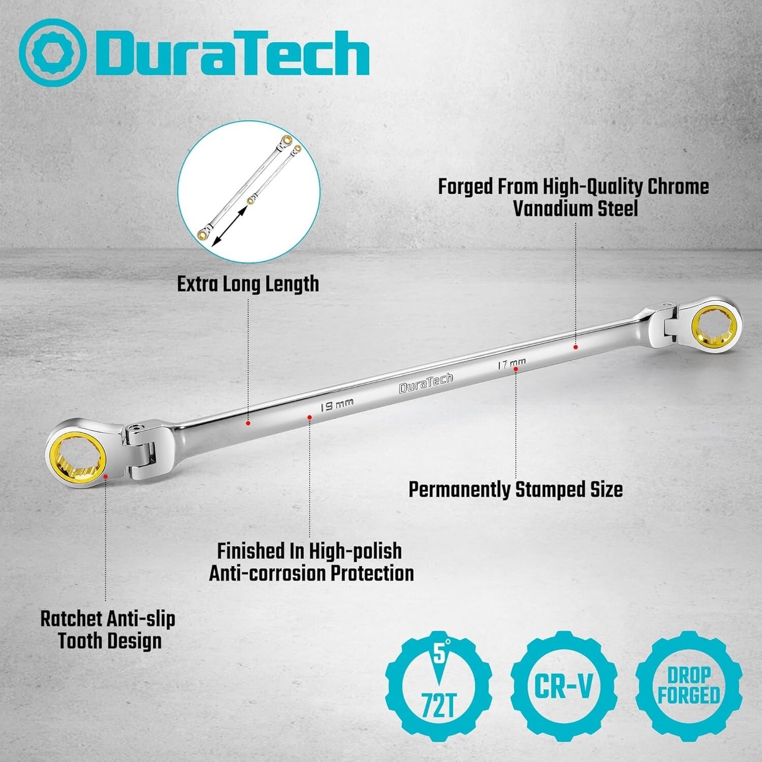 Extra Long Anti-Slip Flex-Head Ratcheting Wrench Set - 6-Piece Metric CR-V Steel