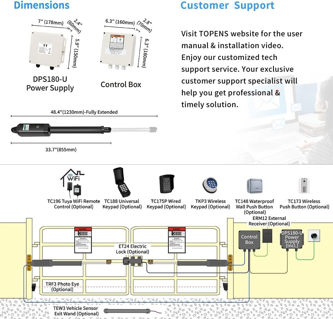 Automatic Gate Opener for Dual Swing Gates Up to 16ft - Remote Control Included