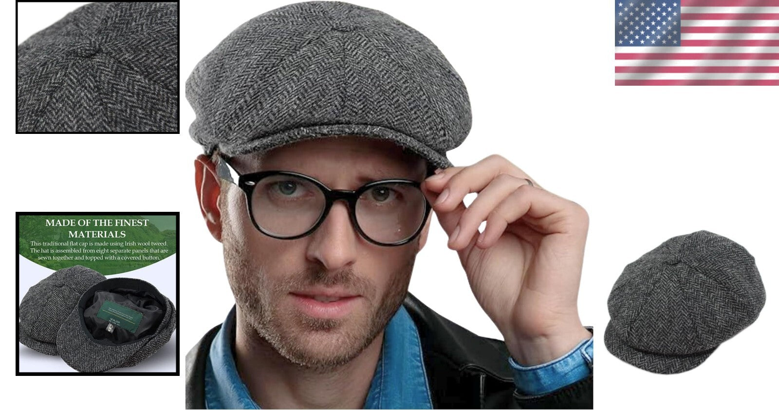 Authentic Irish Newsboy Cap - 100% Wool Herringbone Flat Cap for Men & Women