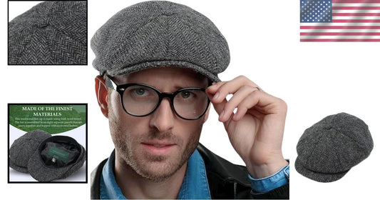 Authentic Irish Newsboy Cap - 100% Wool Herringbone Flat Cap for Men & Women